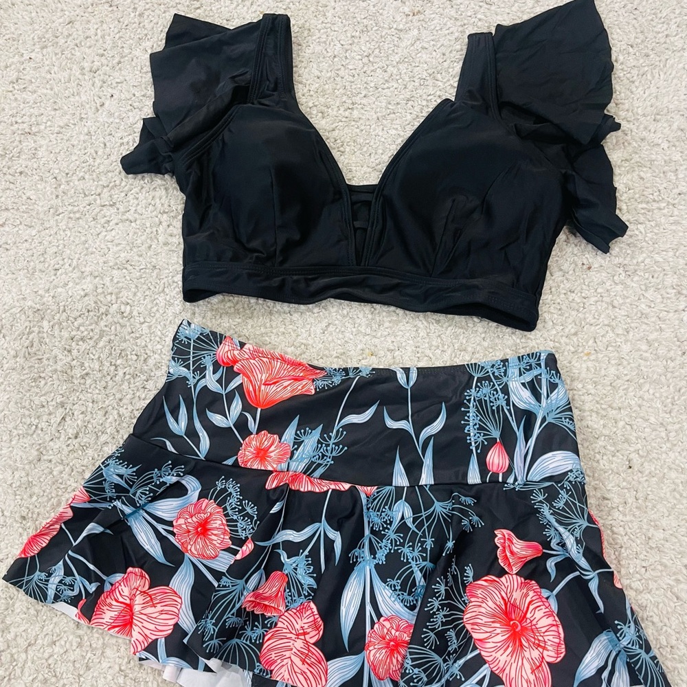 Black Ruffled Top and Floral Skirt Set
